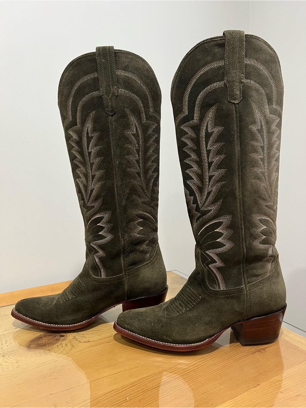 Tecovas Abby Olive Suede Western Heeled Boots - size 9.5